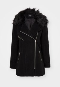 Čierny dlhý kabát vyrobený z vlnenej zmesi, s golierom z umelého kožušiny, asymetrickým zipsom a zapínaním na prednej strane s vreckami na zips.