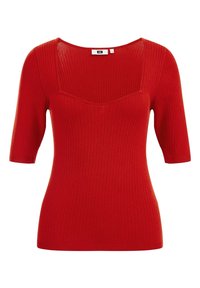 Rotes geripptes Oberteil mit kurzen Ärmeln und quadratischem Ausschnitt. Dehnbare Strickware, enganliegendes Design, glatte Textur und gleichmäßige Farbabdeckung.