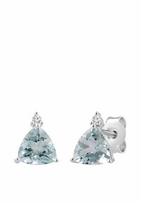 Trojboké náušnice s modrými kameňmi s brúseným povrchom, zdobené malými priesvitnými kamienkami a zasadené v lesklom striebornom kove.