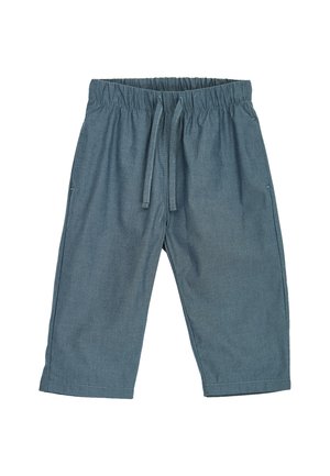 Blå elastiske bukser med elastik i taljen, snøre og sidelommer, cropped længde, afslappet pasform, bomuldsstof.