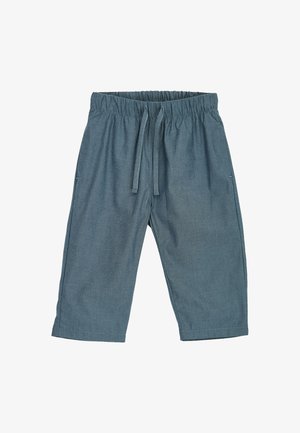 Pantaloni blu con vita elasticizzata, coulisse e tasche laterali, lunghezza corta, vestibilità comoda, tessuto di cotone.