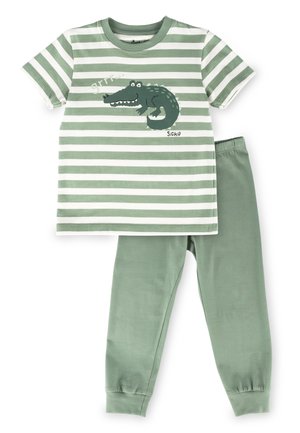 Grün-weißer gestreifter T-Shirt mit einem Krokodil-Graphic, kombiniert mit einfarbigen grünen Leggings. Weicher Baumwollstoff mit elastischem Bund.