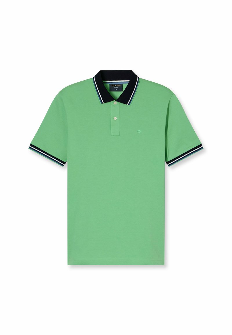 Groene polo-shirt van katoen met een klassieke kraag, een knoopsluiting met drie knopen en marineblauwe accenten op de kraag en mouwen.