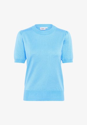 Heled sinine lühikeste varrukatega sviiter, ümara kaelusega, ribaga äär, ja puffis varrukatega, valmistatud pehmest, tekstureeritud kangast.