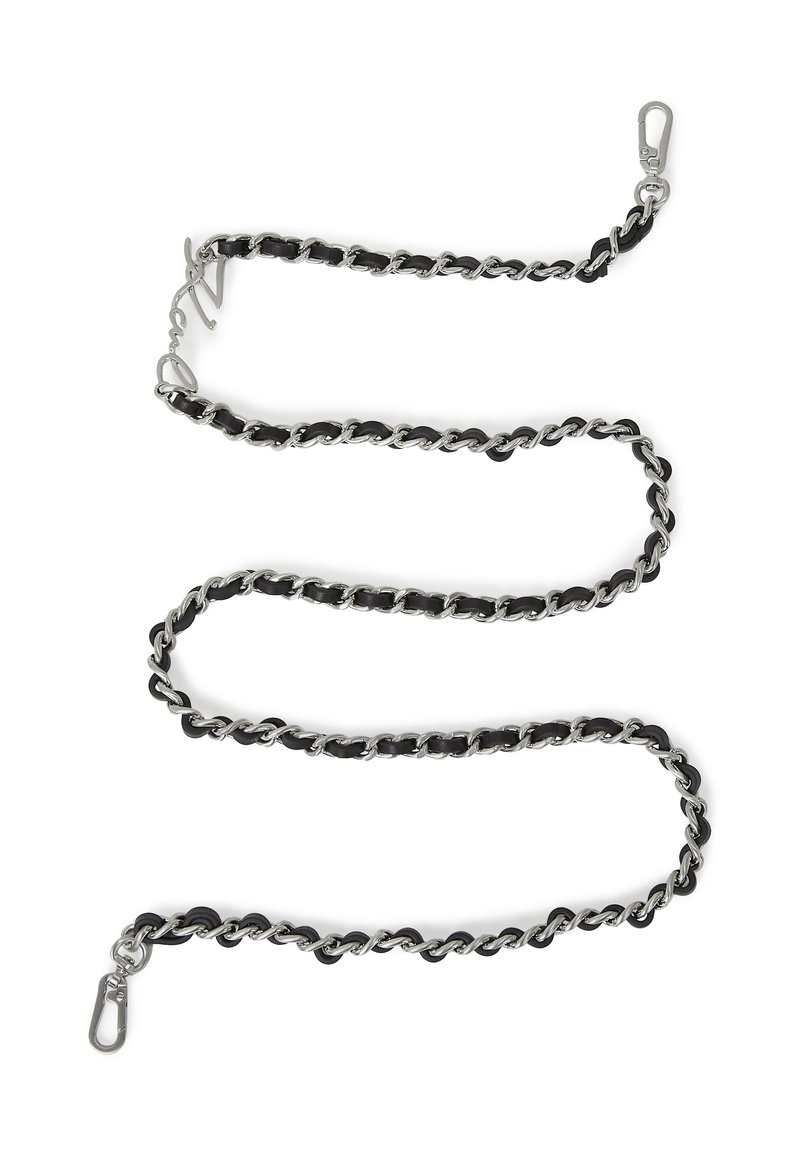 Schwarzes und silbernes Kettenaccessoire mit ineinandergreifenden Gliedern, strukturiertem Finish und Clip-Verschlüssen an beiden Enden.