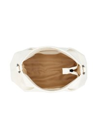 Cream leather handbag with a spacious beige fabric interior, top zip closure, and additional inner pocket. Smooth texture and structured shape.