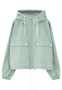 Chaqueta corta de color verde claro, hecha de un material suave, con cierre de cremallera en la parte delantera, capucha, dos bolsillos frontales y detalles de cordón en el dobladillo y la capucha.