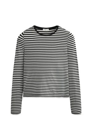 Črno-bela majica s horizontalnimi črtami in dolgimi rokavi, okrogel izrez in običajen kroj.