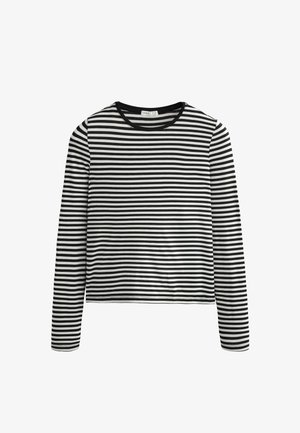 Czarna i biała koszula w poziome paski z długim rękawem, okrągłym dekoltem i regularnym krojem.