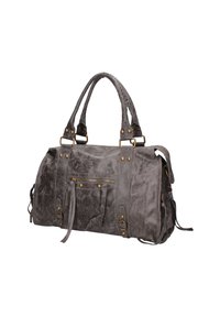 Borsa da viaggio grigia in pelle con doppie maniglie, dettagli in metallo, tasca esterna con zip e finitura texture. Presenta lacci laterali per la regolazione.