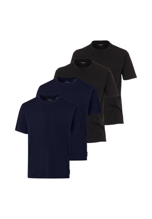Vier schlichte T-Shirts mit Rundhalsausschnitt, zwei marineblau vorne und zwei schwarz dahinter, vor einem weißen Hintergrund präsentiert.