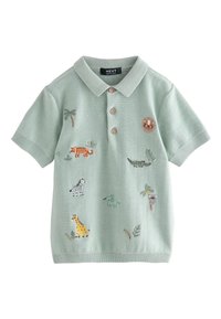 Mentroheleroheline polo-särk lühikeste varrukatega, tikanditega loomade kujutistega, ees nööpidega ning soonikkoes krae ja mansettidega.