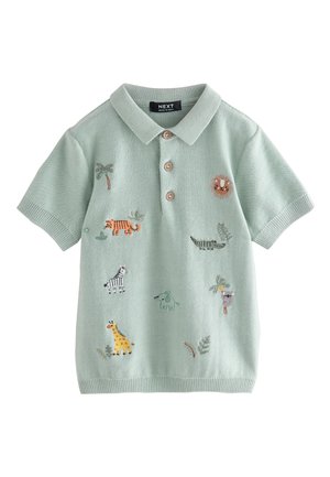 Polo majica v mint zeleni pletenini s kratkimi rokavi, okrašena z vezenimi motivi živali, spredaj na gumbe ter z rebrastim ovratnikom in manšetami.