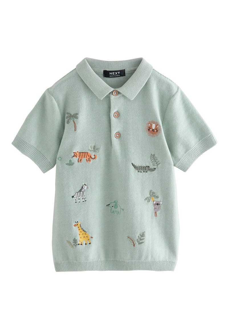 Mentroheleroheline polo-särk lühikeste varrukatega, tikanditega loomade kujutistega, ees nööpidega ning soonikkoes krae ja mansettidega.