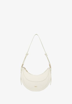 Weiße Leder-Schultertasche mit geschwungenem Design, goldfarbenen Beschlägen und einer Außentasche mit Reißverschluss. Verfügt über einen verstellbaren Einzelriemen.