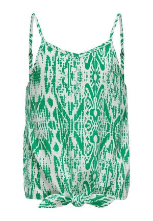 Camisole vert et blanc à motif avec des bretelles spaghetti réglables et un détail de bas noué. Tissu léger.