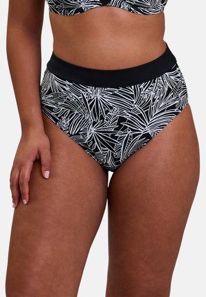 Bas de bikini taille haute noir avec imprimé de feuilles tropicales blanches, doté d'une ceinture élastique noire unie et d'une texture de tissu lisse.