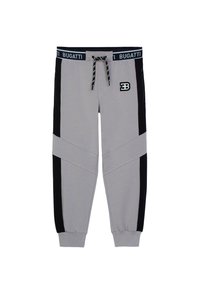 Grau Sweatpants mit schwarzen Akzenten, elastischem Bund mit Bugatti-Logo, Reißverschlusstaschen und schmal zulaufenden Bündchen. Hergestellt aus weichem Stoff.