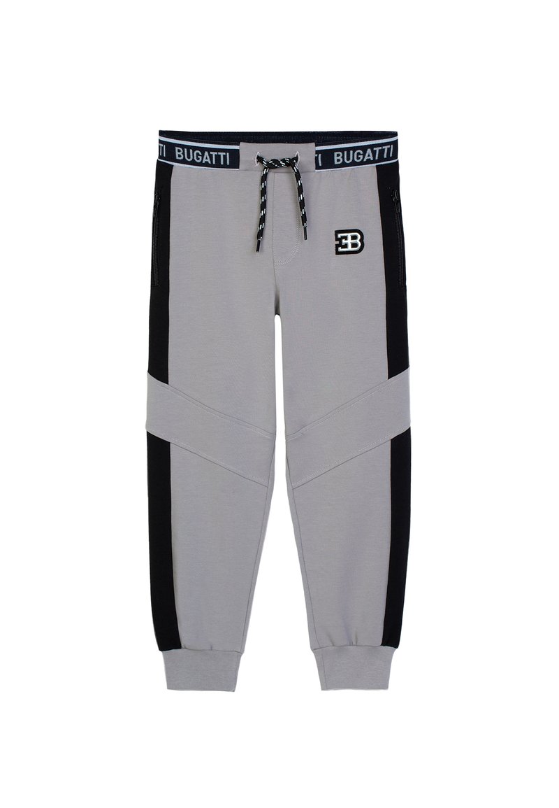 Grau Sweatpants mit schwarzen Akzenten, elastischem Bund mit Bugatti-Logo, Reißverschlusstaschen und schmal zulaufenden Bündchen. Hergestellt aus weichem Stoff.