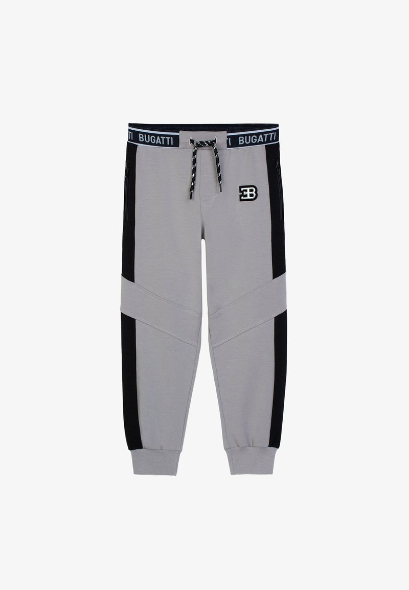 Grau Sweatpants mit schwarzen Akzenten, elastischem Bund mit Bugatti-Logo, Reißverschlusstaschen und schmal zulaufenden Bündchen. Hergestellt aus weichem Stoff.