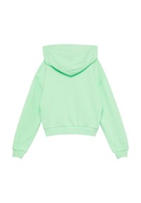 Minzgrüner, kurzer Kapuzenpullover mit langen Ärmeln, einer Kapuze und gerippten Bündchen sowie Saum, aus weichem, dehnbarem Stoff.