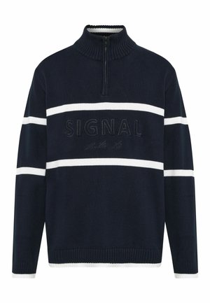 Marineblå strikket sweater med hvide vandrette striber, halvlange lynlås krave og "SIGNAL" broderet på brystet.