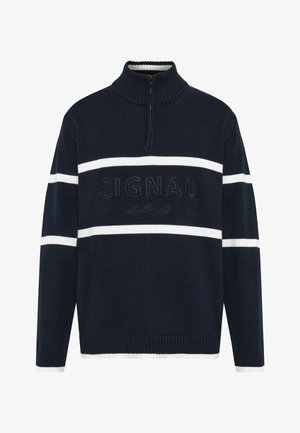 Marineblå strikket sweater med hvide vandrette striber, halvlange lynlås krave og "SIGNAL" broderet på brystet.