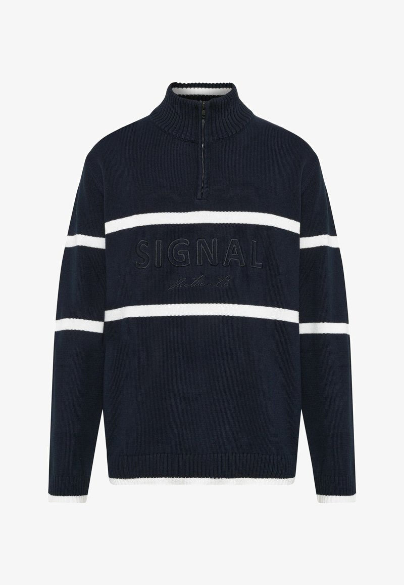 Pull en maille bleu marine avec rayures blanches horizontales, col demi-zip et "SIGNAL" brodé sur la poitrine.