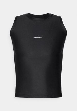 Fekete ujjatlan felső sima, rugalmas anyagból, kerek nyakkivágással és a mellek közepén elhelyezett fehér "soulaland" logóval.