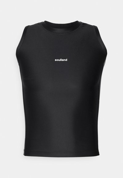 Juodas be rankovių palaidinė, pagaminta iš lygaus tamprumo audinio, su apvaliu iškirpimu ir baltu "soulaland" logotipu, esančiu centriniuose priekyje.