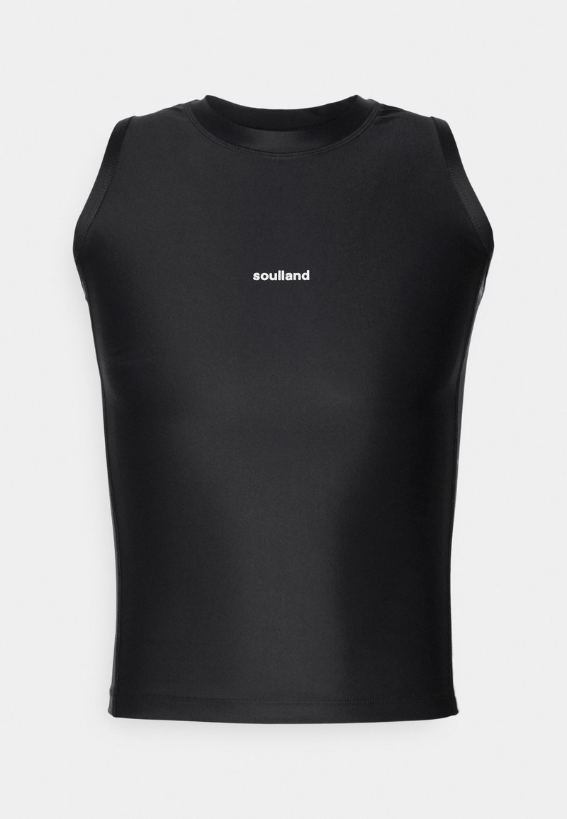 Top nero senza maniche realizzato in morbido tessuto elasticizzato, con scollatura rotonda e logo bianco "soulaland" centrato sul davanti.
