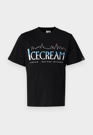 Black cotton t-shirt with short sleeves featuring a white and blue skyline graphic and "ICECREAM LONDON UNITED KINGDOM" text.