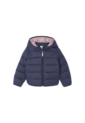 Navyblaue Pufferjacke mit Kapuze, gestepptem Design, Frontreißverschluss und blumenmustergefüttertem Kragen. Leichtes Material.