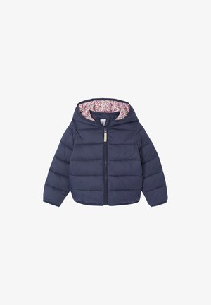 Navyblaue Pufferjacke mit Kapuze, gestepptem Design, Frontreißverschluss und blumenmustergefüttertem Kragen. Leichtes Material.