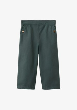 Pantalon large et court vert foncé avec une taille élastique et des boutons en bois sur chaque poche latérale.
