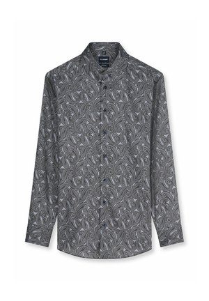 Langärmliges Hemd mit Knopfleiste, schwarz-weißem Paisley-Muster und Stehkragen, auf weißem Hintergrund dargestellt.