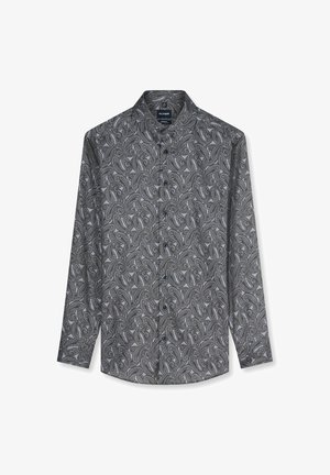 Langärmliges Hemd mit Knopfleiste, schwarz-weißem Paisley-Muster und Stehkragen, auf weißem Hintergrund dargestellt.