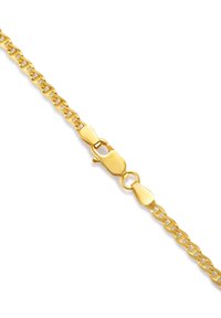 Goldene Armbandkette mit miteinander verbundenen Gliedern und einem Karabinerverschluss. Glatte metallische Oberfläche, leuchtende Farbe und einheitliches Design.