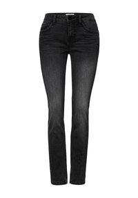 Černé džíny s rovnými nohavicemi z denimu, mají standardní pas, pět kapes a jemné vyblednutí pro texturu.
