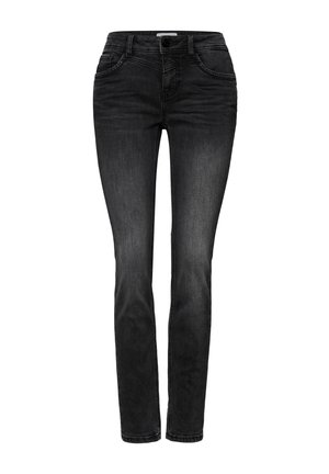 Vaqueros negros de pierna recta hechos de denim, con una cinturilla estándar, cinco bolsillos y un desvanecimiento sutil para añadir textura.