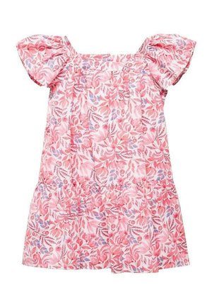 Robe courte à manches courtes rose avec encolure carrée, manches à volants et motif floral dans des nuances de rose, violet et rouge.