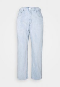 Jasnoniebieskie dżinsy z denimu o luźnym kroju, wysokim stanie, pięcioma kieszeniami i srebrnym zapięciem na guzik. Tkanina ma gładką fakturę.