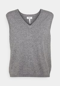 Pull sans manches gris avec un design en V, fabriqué à partir d'une texture douce. Il dispose d'un col côtelé et d'un ourlet inférieur pour plus de détails.