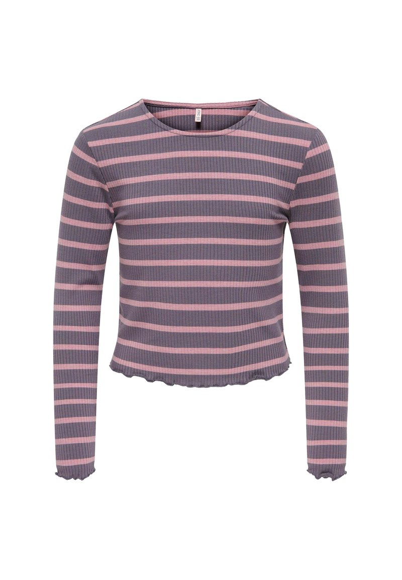Maglietta a maniche lunghe con texture a coste, in grigio con righe orizzontali rosa e orlo arricciato. Collo rotondo.