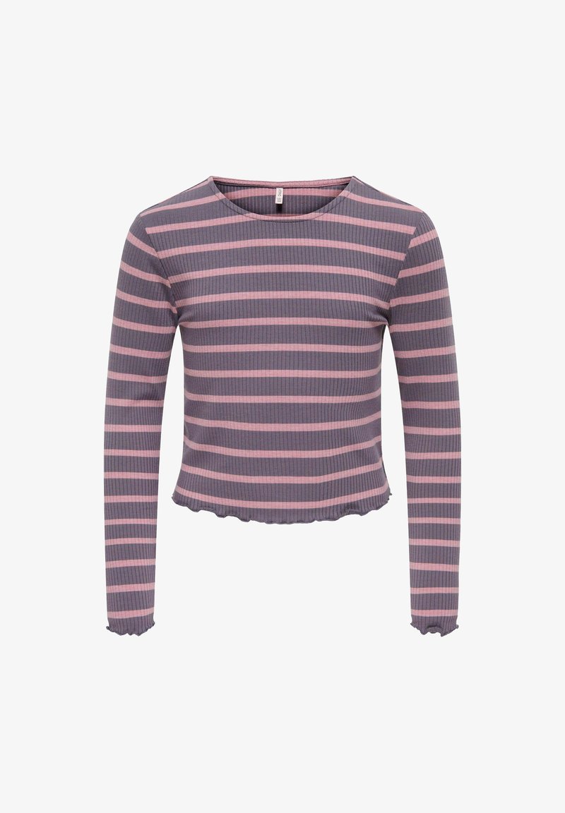 Tricou cu mâneci lungi, cu textură canalată, realizat dintr-un material gri cu dungi orizontale roz și un tiv volănaș. Decolteu rotund.