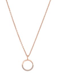 Collana in oro rosa con pendente circolare, decorato con una fila di gemme, sospeso a una catena fine e delicata. Design semplice ed elegante.