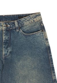 Svetle modré denimové džíny se zesklovatělou texturou, designem s pěti kapsami, zapínáním na knoflík a kontrastním šitím. Pozoruhodné svým opotřebovaným vzhledem.