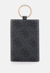 Zwarte kaarthouder van textuurmateriaal, met een subtiel logo-patroon, een gouden ringbevestiging en meerdere kaartsleuven aan één kant.