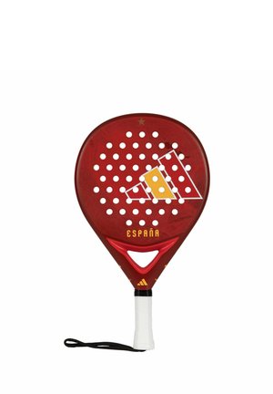 Roter Padel-Schläger mit weißem Griff, Adidas-Logo, gelb-weißem geometrischem Design und dem Wort „España“ auf der Vorderseite.