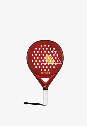 Roter Padel-Schläger mit weißem Griff, Adidas-Logo, gelb-weißem geometrischem Design und dem Wort „España“ auf der Vorderseite.